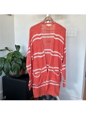 Reborn Crochet Knit Long Open Front Sweater Cardigan Sz L Striped